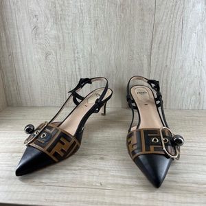 Fendi Logo Print Slingback Leather Kitten Heels